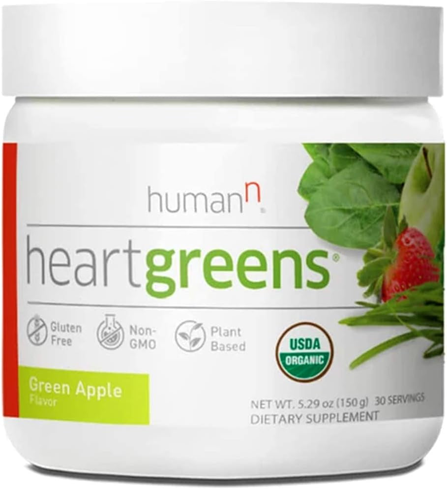 Humann Heartgreens Organic Superfood Powder with Wheatgrass, Kale, Spinach, and Spirulina - USDA Organic Non-GMO, Green Apple Flavor, 5.29 oz