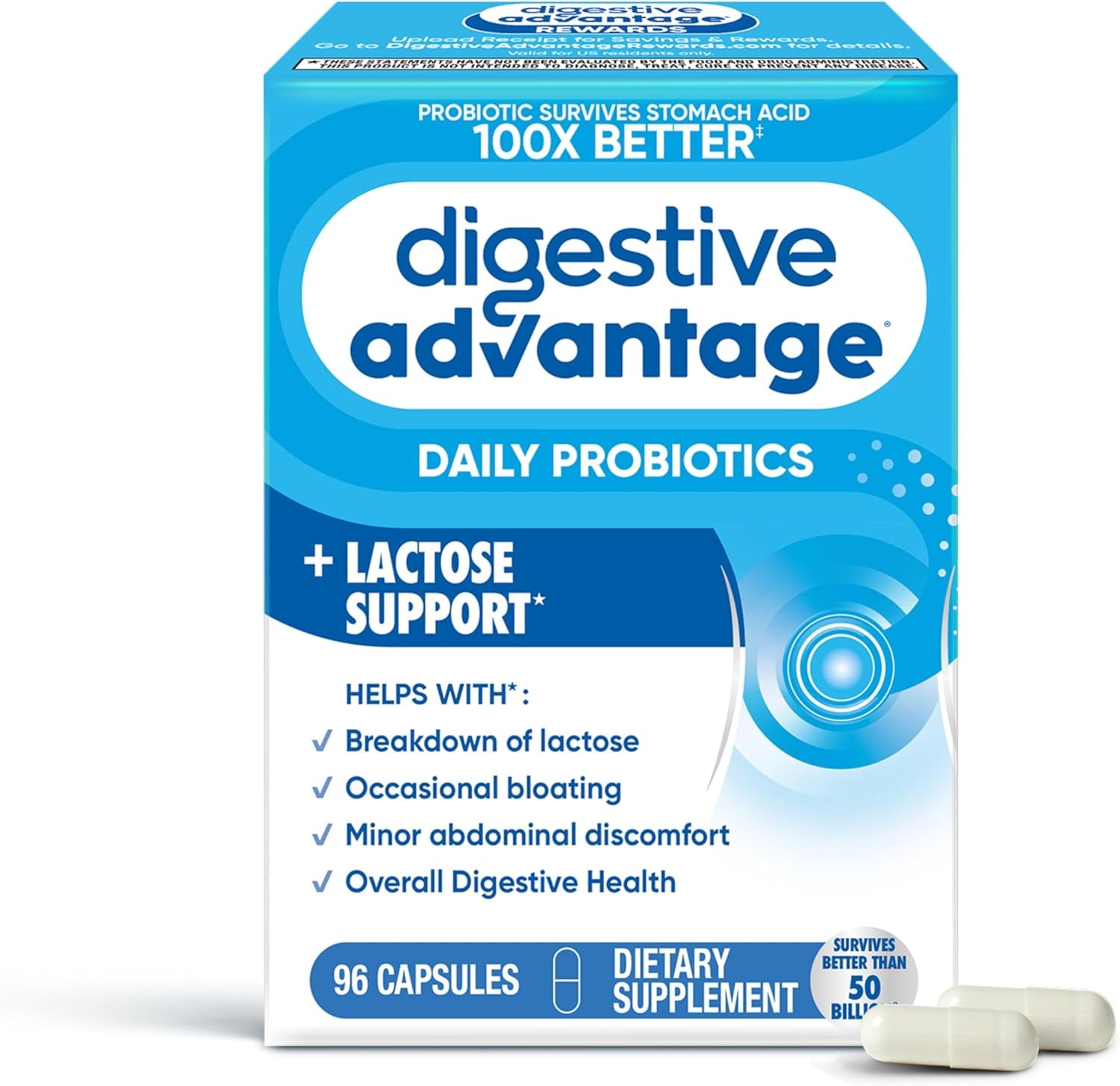 Digestive Advantage Probiotics + Lactase Digestive Enzymes for Digestive Health, Daily Probiotics for Women Men Occasional Bloating, Lactose Breakdown, Minor Abdominal Discomfort, Immune Support, 96Ct