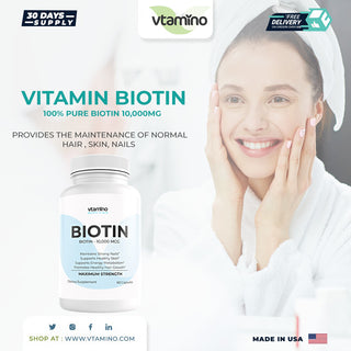 vtamino Biotin – 100 % reines Biotin 10.000 MCG – Haarwuchs (30 Tage Vorrat)
