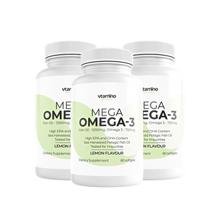 vtamino Mega Omega 3 Complex (Fischöl 1200 mg, Omega3 720 mg) (Vorrat für 30 Tage)
